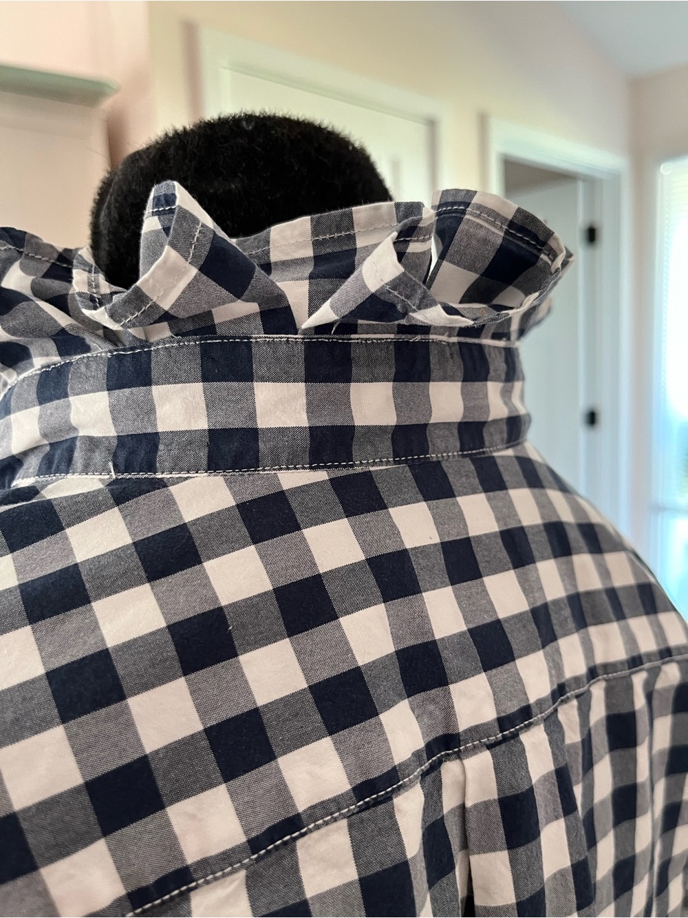 Enhanced J. Crew Navy and White Gingham Button-Down Shirt Ruffle Collar - Picture 5 of 8